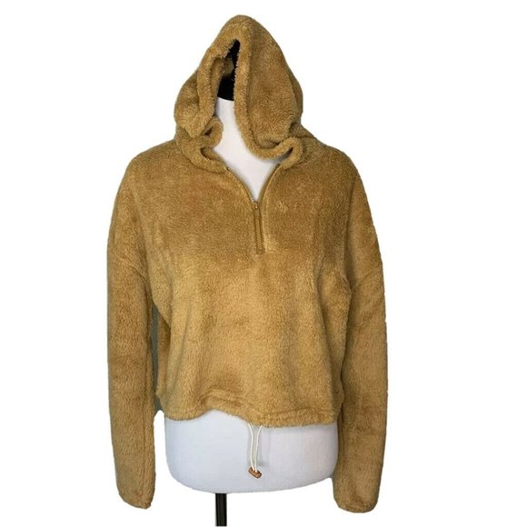 Hyfve Womens Fuzzy Cropped Hoodie Brown Tan Med - Picture 1 of 10